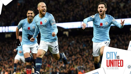 BLUE HEAVEN: David Silva and Bernardo Silva ccelebrate after City's opening goal in our 3-1 derby win over United