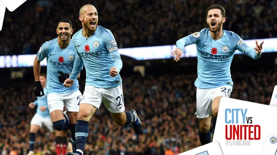 BLUE HEAVEN: David Silva and Bernardo Silva ccelebrate after City's opening goal in our 3-1 derby win over United