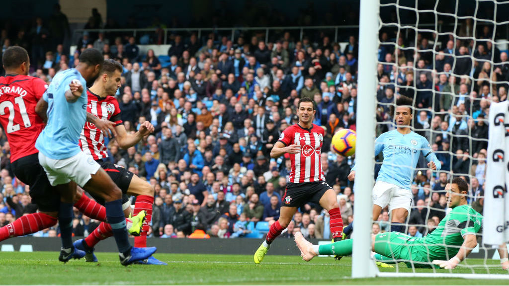 OPENING TIME: Wesley Hoedt deflects Leroy Sane's shot into the Southampton goal