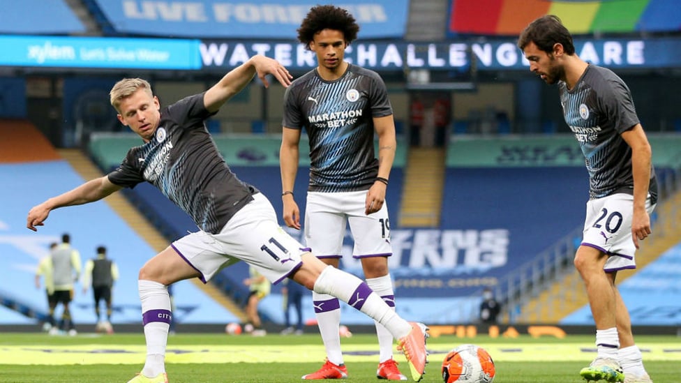 RETURN TICKET: A fit again Leroy Sane, warming up with Oleks Zinchenko and Bernardo Silva was named on the substitutes bench