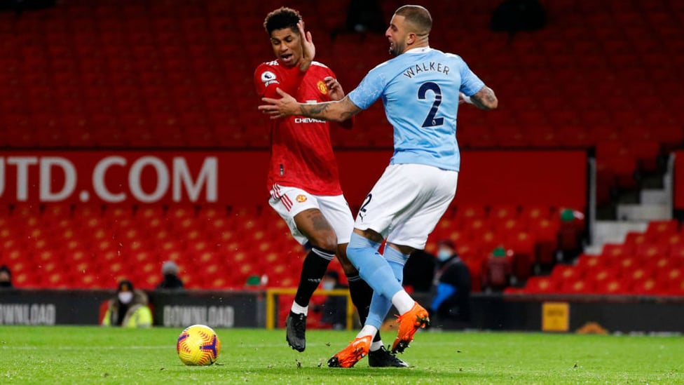 FLASHPOINT: Kyle Walker challenges Marcus Rashford and the referee awards a penalty - but a subsequent VAR check ruled it out for offside