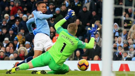 GIFT OF THE GAB: Gabriel Jesus beats Jordan Pickford to fire City into the lead