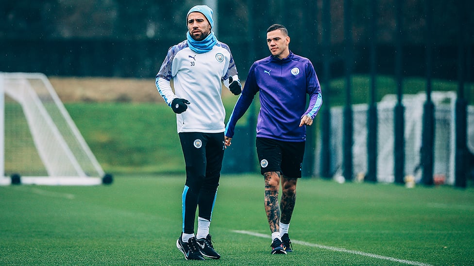 WEDNESDAY WARM-UP : Nicolas Otamendi and Ederson limber up