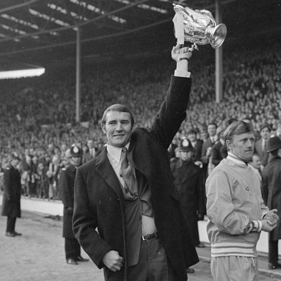 WEMBLEY WONDER: Big Mal holds the League Cup aloft after our 1970 win over West Brom