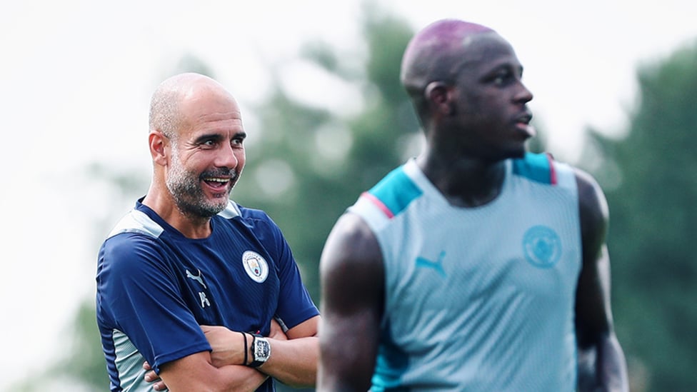 GUARDIOLA GRIN: The boss cracks a smile in the CFA sun