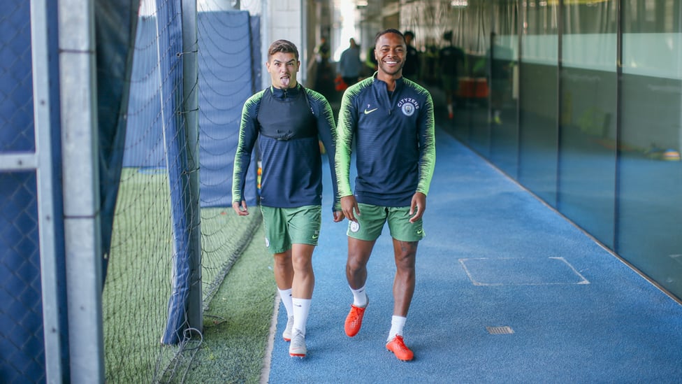 TWO'S COMPANY : Brahim Diaz and Raheem Sterling are all smiles